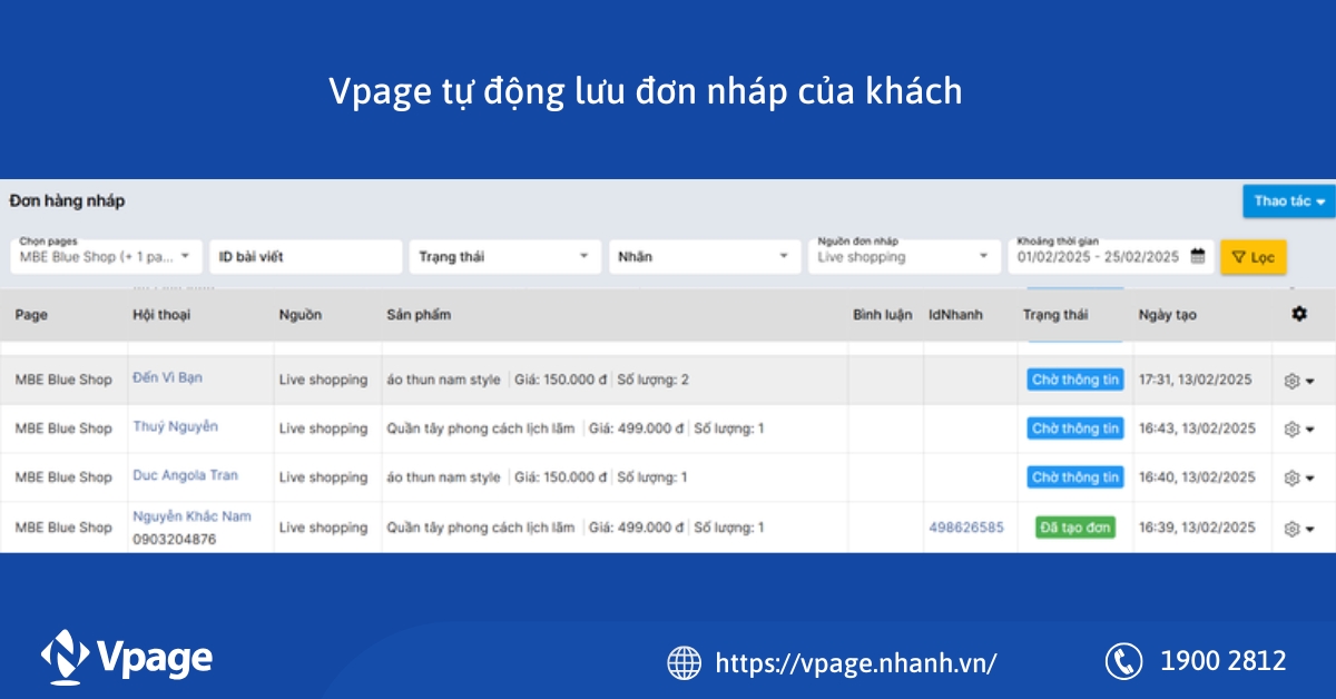 Tính năng tự động lưu đơn nháp của khách trên Vpage